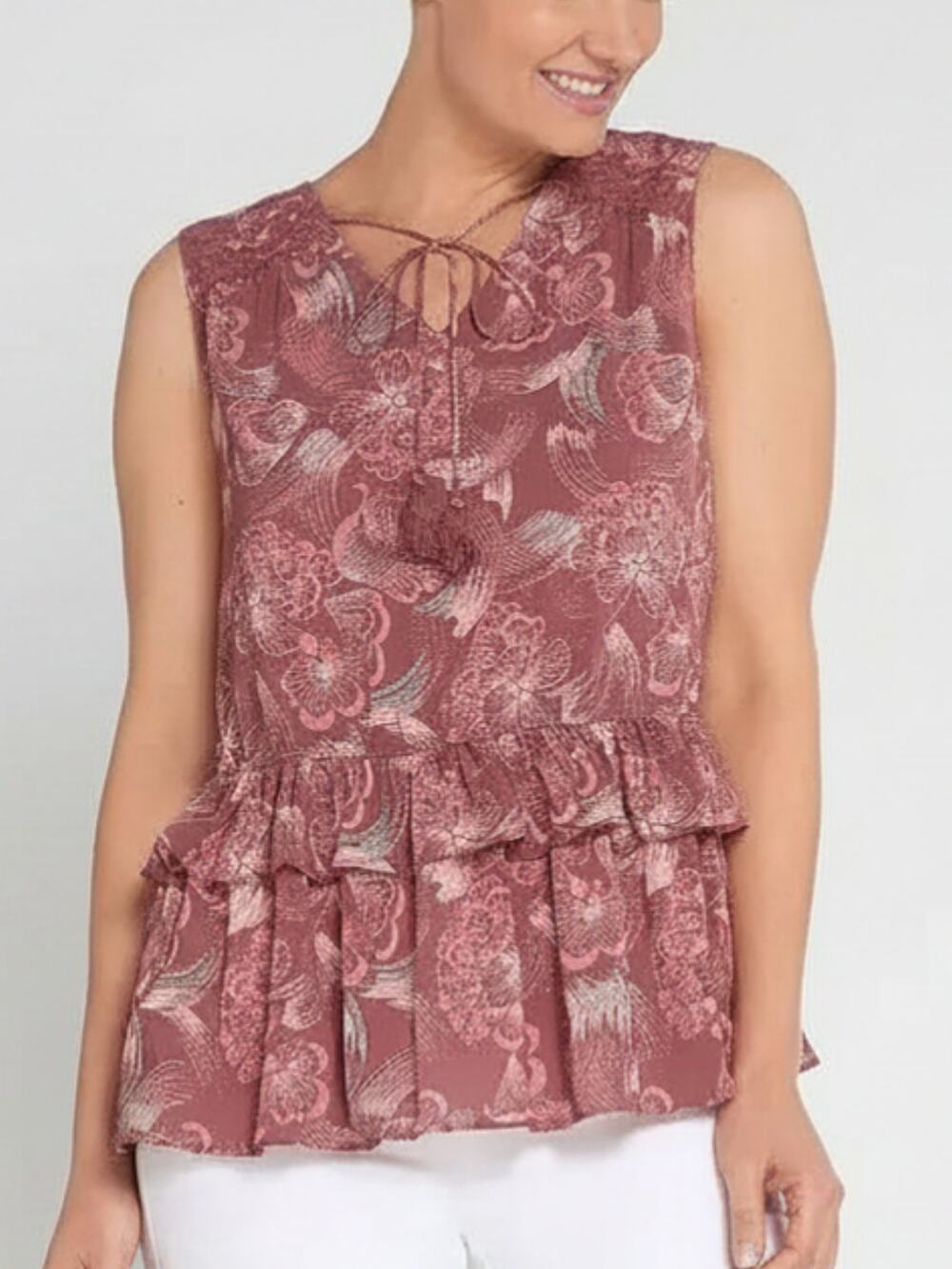 Du Jour Dusty Rose Boho Top Tassel Lace Sleeveless S